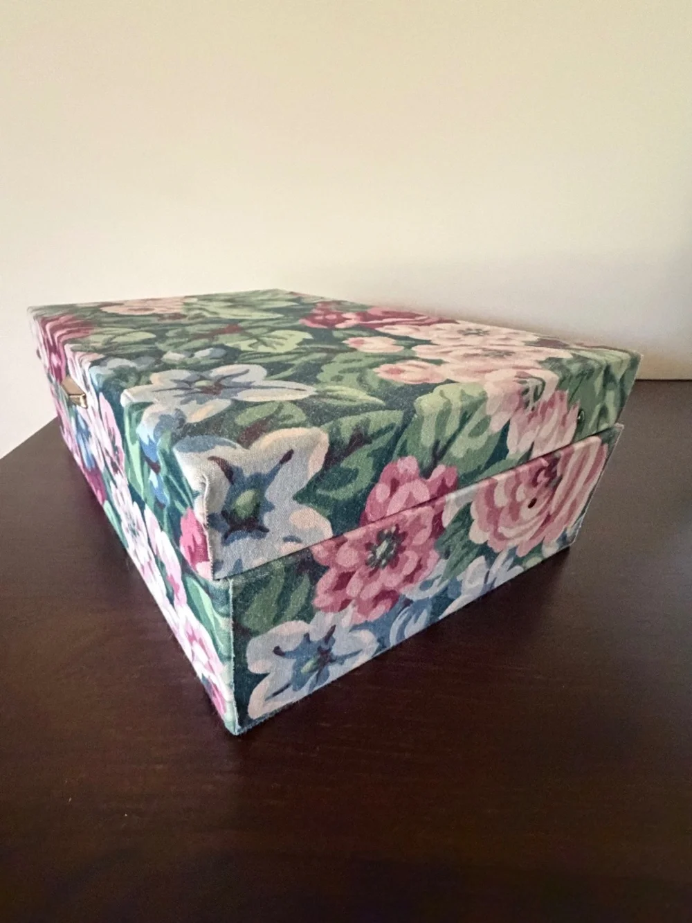 Vintage 80s Floral Fabric Two Tier Jewelry Box Case w/Mirror 10.5
